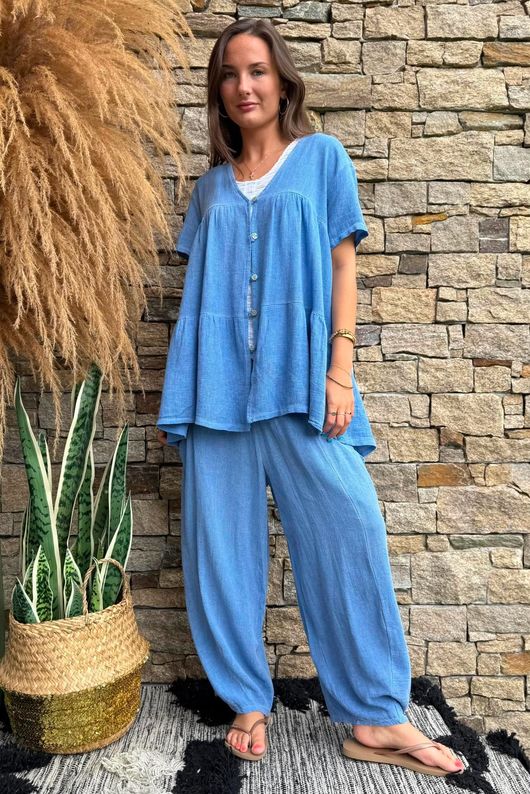 Lina Linen Blend Smock Over Shirt Washed Denim